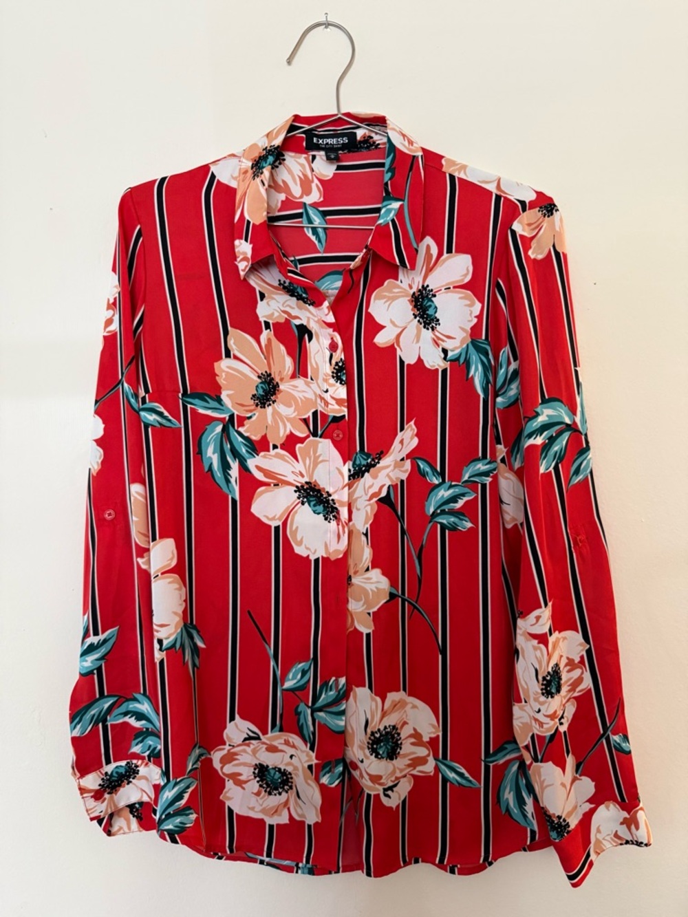 Women Express Red Floral & Stripe Button-Down Shirt